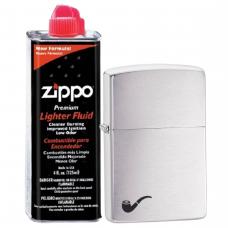 Бензиновая зажигалка ZIPPO 200PL Pipe Brushed Chrome + бензин Zippo 125 мл