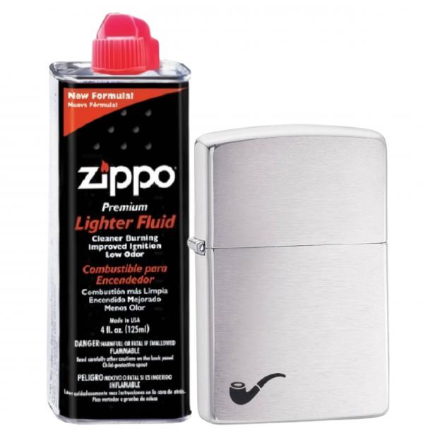 Бензиновая зажигалка ZIPPO 200PL Pipe Brushed Chrome + бензин Zippo 125 мл 200PL-3141