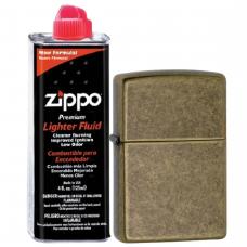 Бензиновая зажигалка ZIPPO 201FB Antique Brass + бензин Zippo 125 мл