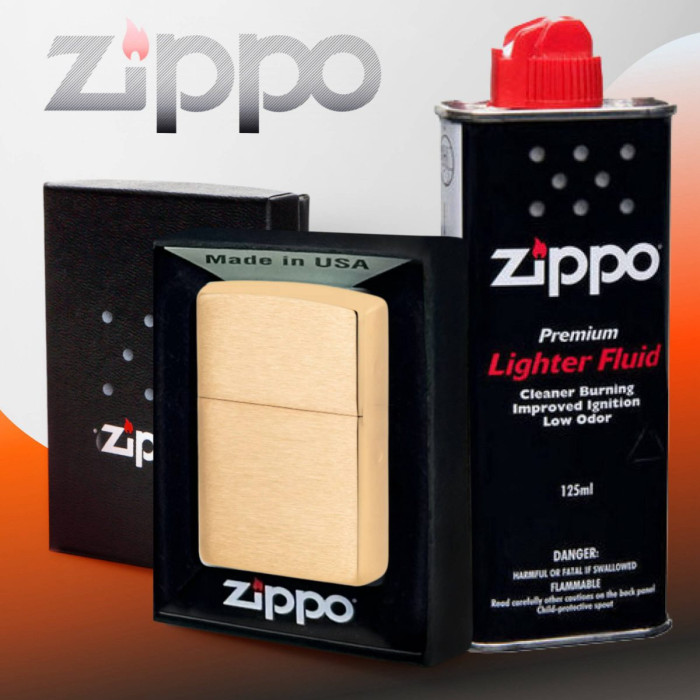 Бензиновая зажигалка ZIPPO 204B Brushed Brass + бензин Zippo 125 мл