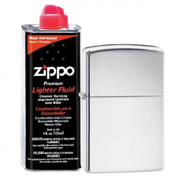 Бензиновая зажигалка ZIPPO 250 High Polish Chrome + бензин Zippo 125 мл 250-3141