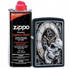 Бензиновая зажигалка ZIPPO 29854 Skull Clock Black Matte + бензин Zippo 125 мл