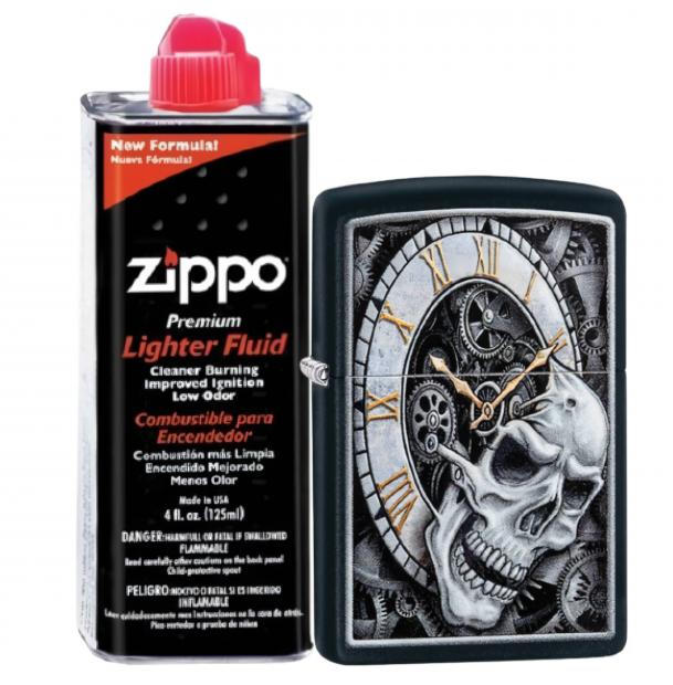 Бензиновая зажигалка ZIPPO 29854 Skull Clock Black Matte + бензин Zippo 125 мл 29854-3141