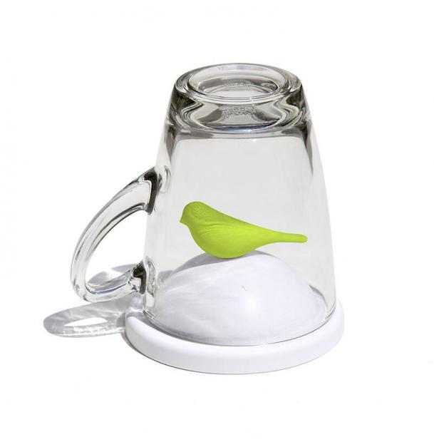 Чашка с крышкой Qualy Sparrow, белая с зеленым QL10300-WH-GN