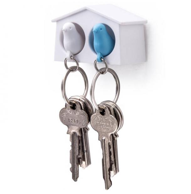 Держатель брелок для ключей двойной Qualy Mini Sparrow белый-голубой QL10185WH-WH-BU