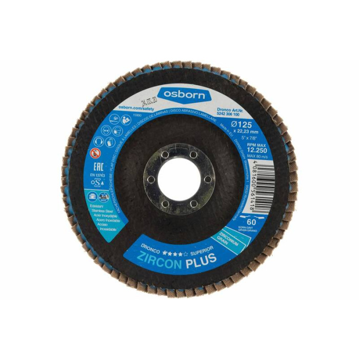 Диск абразивный лепестковый торцевой Zircon Plus K60 125х22 Dronco 5242306100