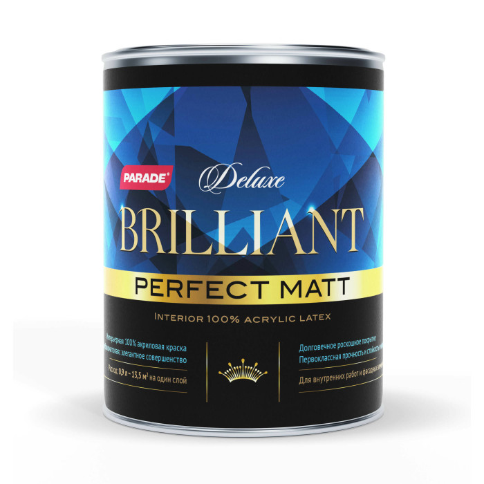 Краска интерьерная акриловая PARADE Deluxe brilliant perfect matt База А белая глубокоматовая 0,9л 0007390