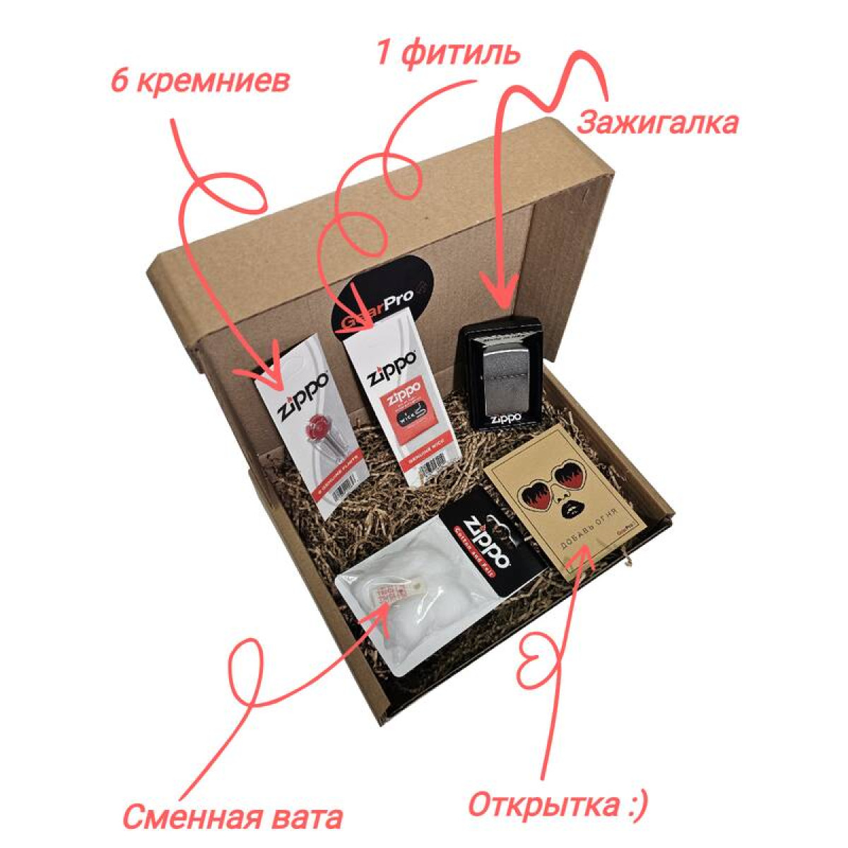 Набор из зажигалки 205 Zippo c ватой, кремниями и фитилём в картонной коробке 2