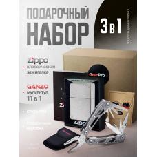 Набор из зажигалки ZIPPO 230 High Polish Chrome  и мультитул Ganzo G104-S 11 функций