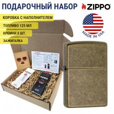 Набор зажигалка бензиновая Zippo 201FB в подарочной упаковке + топливо и кремни 201FB-1-n