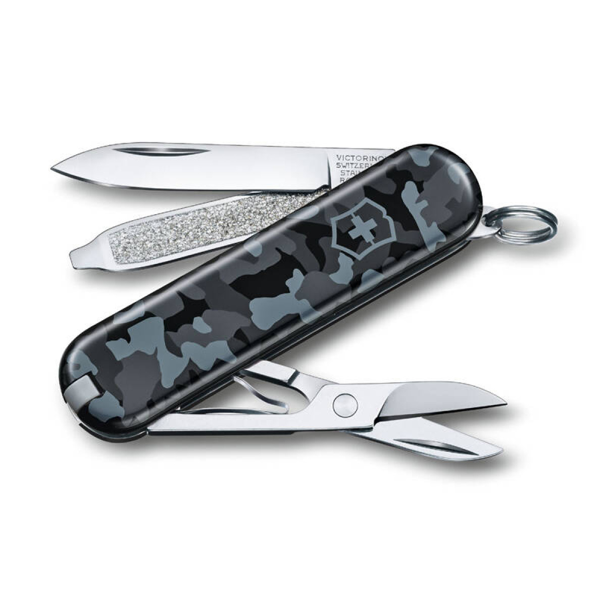Нож-брелок VICTORINOX Classic SD Navy Camouflage, 58 мм, 7 функций, серо-синий камуфляж 1
