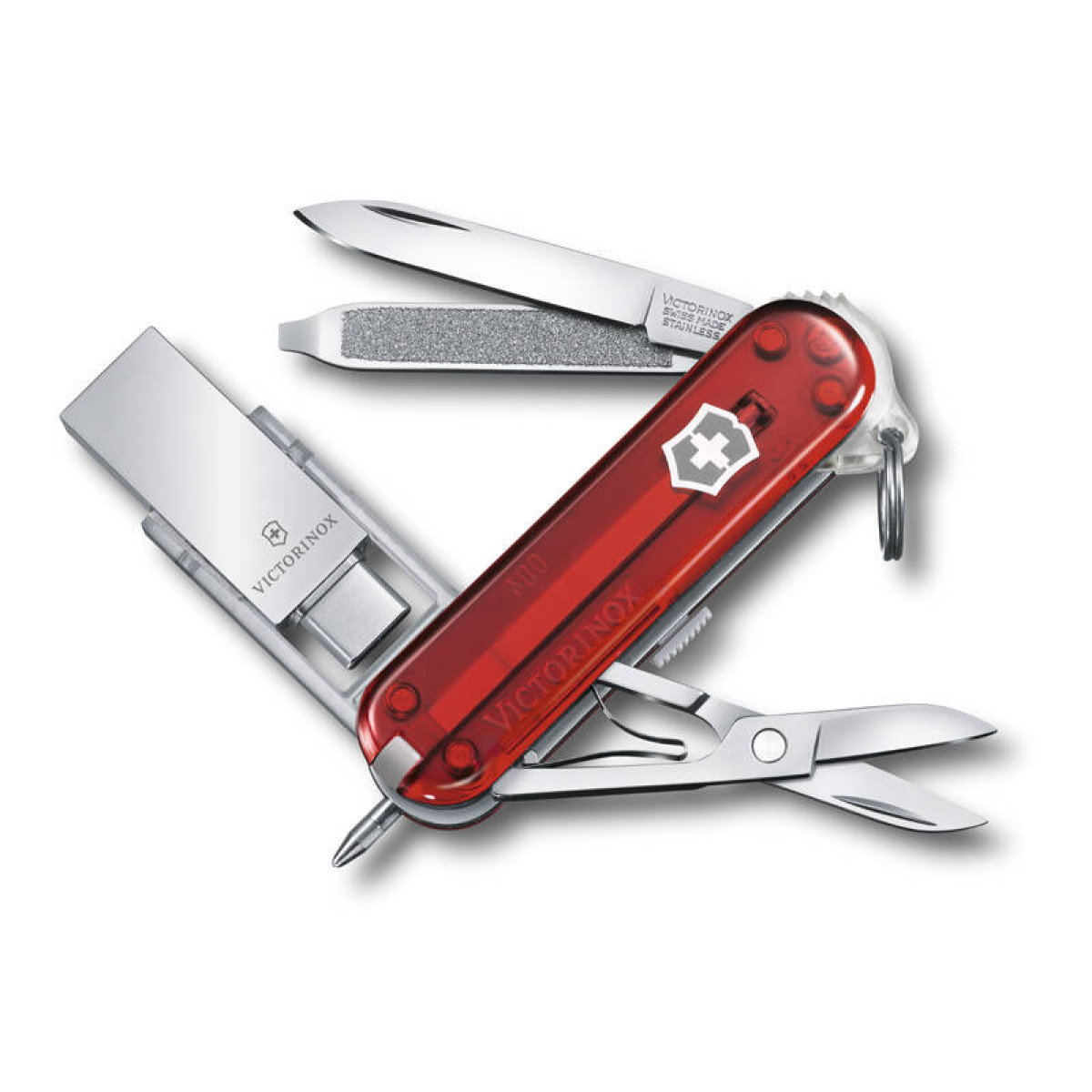 Нож-брелок Victorinox@work, 58 мм, с USB-модулем 3.0/3.1 16 Гб, 8 функций, полупрозрачный красный 1