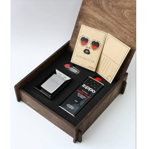 Подарочный набор оригинальная зажигалка Zippo 162 с топливом 125 мл + кремнии в деревянной коробке 162-50r-box