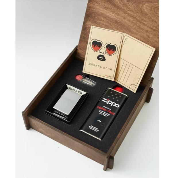 Подарочный набор оригинальная зажигалка Zippo 205 с топливом 125 мл + кремнии в деревянной коробке 205-50r-box