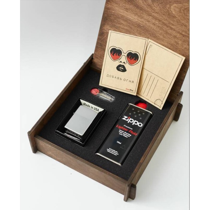 Подарочный набор оригинальная зажигалка Zippo 205 с топливом 125 мл + кремнии в деревянной коробке