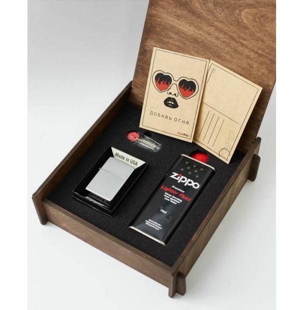 Подарочный набор оригинальная зажигалка Zippo 207 с топливом 125 мл + кремнии в деревянной коробке 207-50r-box
