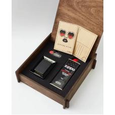 Подарочный набор оригинальная зажигалка Zippo 218 с топливом 125 мл + кремнии в деревянной коробке