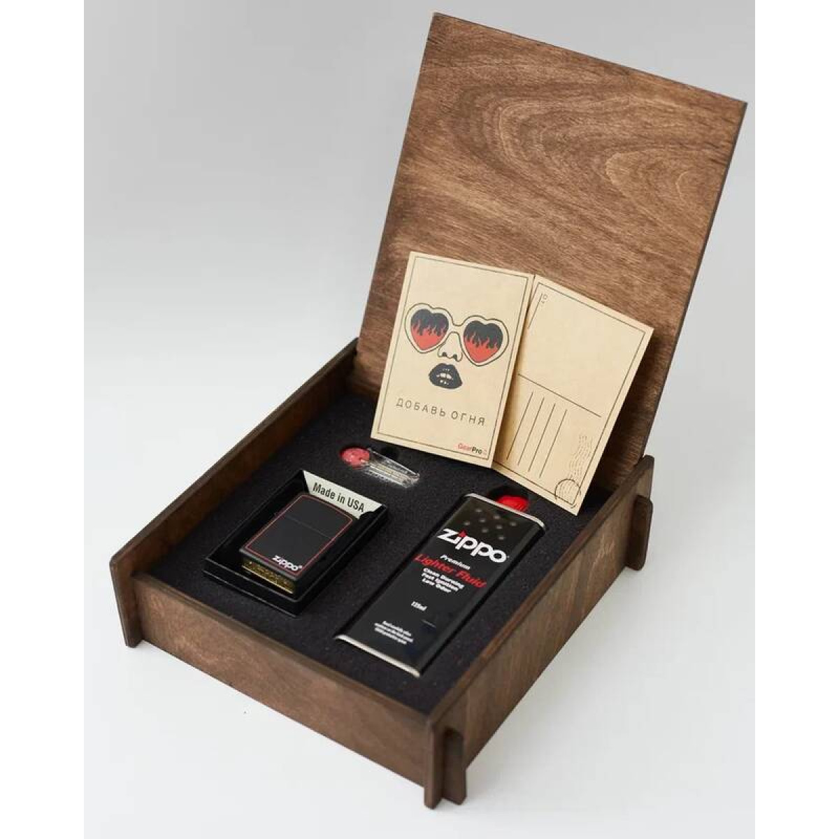 Подарочный набор оригинальная зажигалка Zippo 218ZB с топливом 125 мл + кремнии в деревянной коробке 2