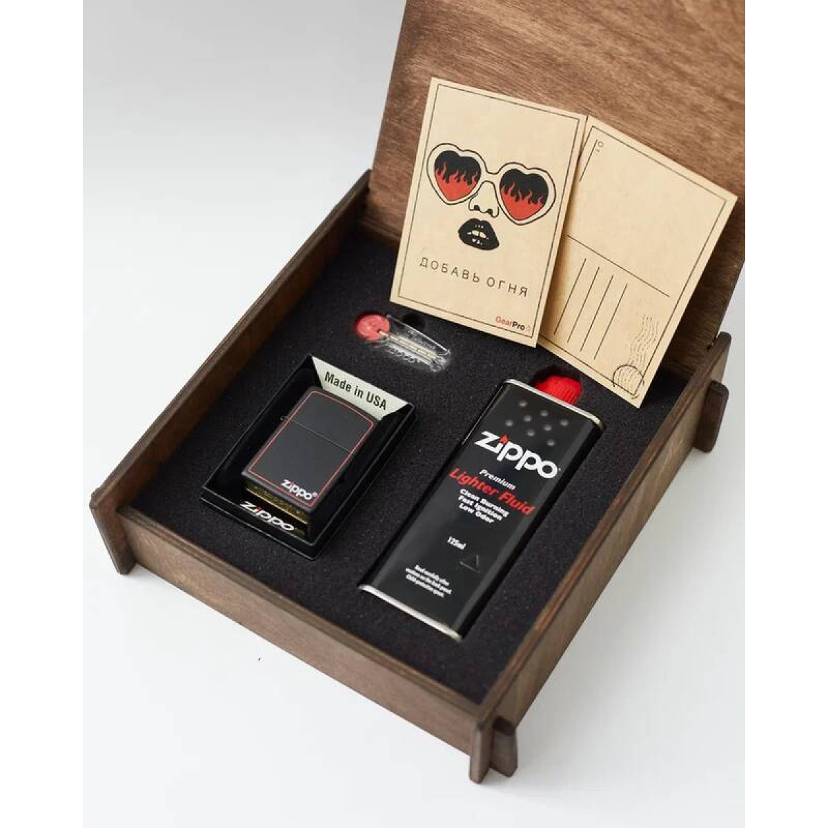 Подарочный набор оригинальная зажигалка Zippo 218ZB с топливом 125 мл + кремнии в деревянной коробке 1
