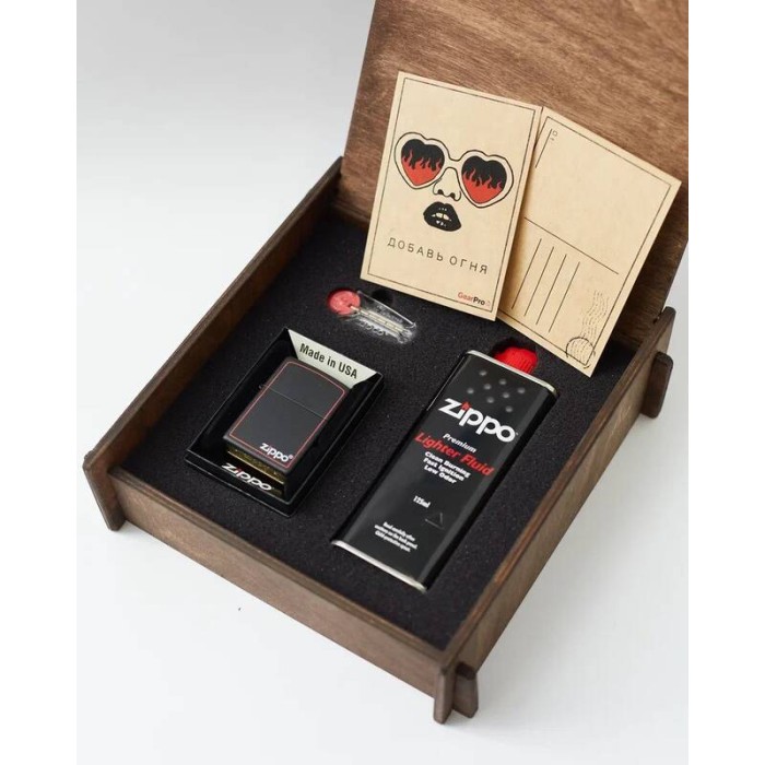 Подарочный набор оригинальная зажигалка Zippo 218ZB с топливом 125 мл + кремнии в деревянной коробке