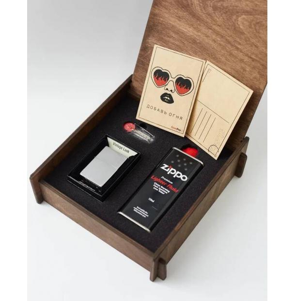 Подарочный набор оригинальная зажигалка Zippo 230 с топливом 125 мл + кремнии в деревянной коробке 230-50r-box