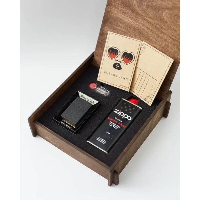 Подарочный набор оригинальная зажигалка Zippo 236 с топливом 125 мл + кремнии в деревянной коробке