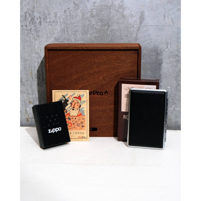 Подарочный набор оригинальная зажигалка Zippo 254b + портсигар в деревянной коробке