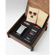Подарочный набор оригинальная зажигалка Zippo 28458 с топливом 125 мл + кремнии в деревянной коробке