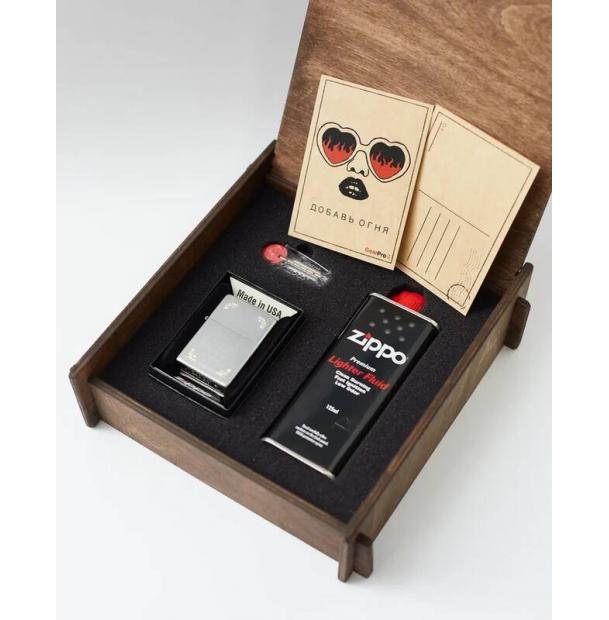 Подарочный набор оригинальная зажигалка Zippo 28458 с топливом 125 мл + кремнии в деревянной коробке 28458-50r-box