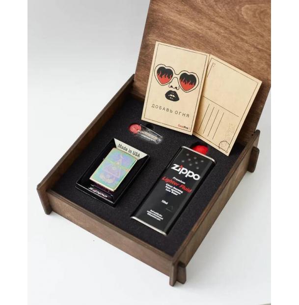 Подарочный набор оригинальная зажигалка Zippo 49061 с топливом 125 мл + кремнии в деревянной коробке 49061-50r-box