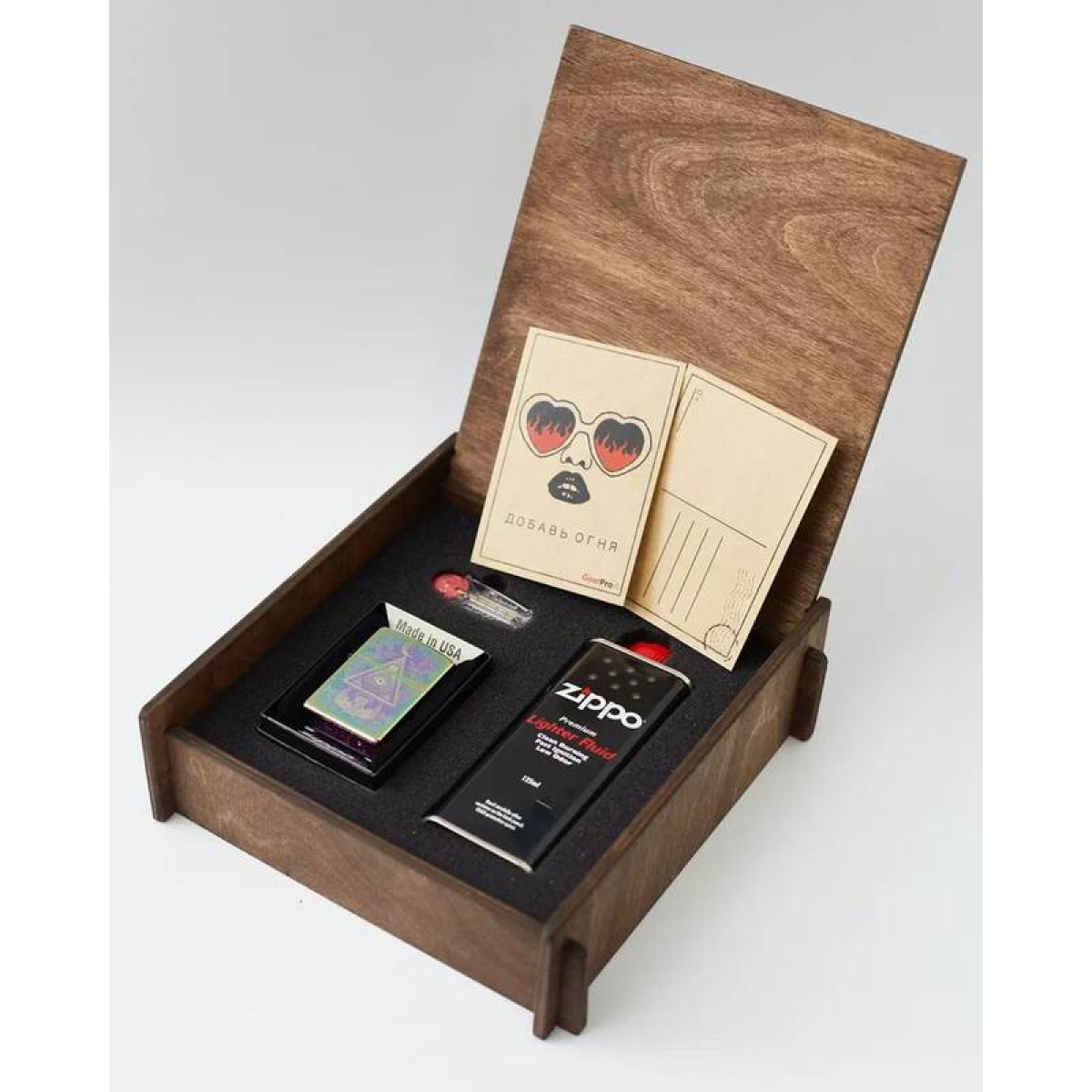 Подарочный набор оригинальная зажигалка Zippo 49061 с топливом 125 мл + кремнии в деревянной коробке 3