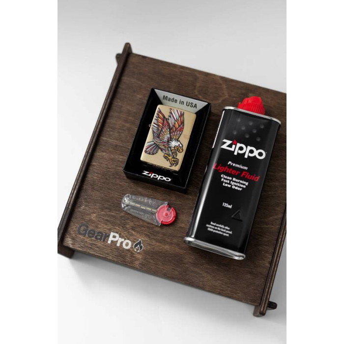 Подарочный набор оригинальная зажигалка Zippo 49667 с топливом 125 мл + кремнии в деревянной коробке