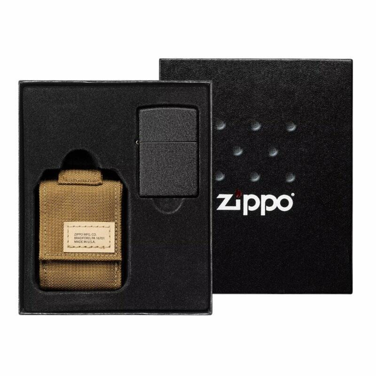 Подарочный набор ZIPPO зажигалка Black Crackle и коричневый нейлоновый чехол 1