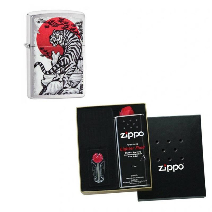 Зажигалка ZIPPO Asian Tiger Brushed Chrome в подарочной упаковке + топливо и кремни