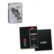 Зажигалка ZIPPO Black Bass Brushed Chrome в подарочной упаковке + топливо и кремни