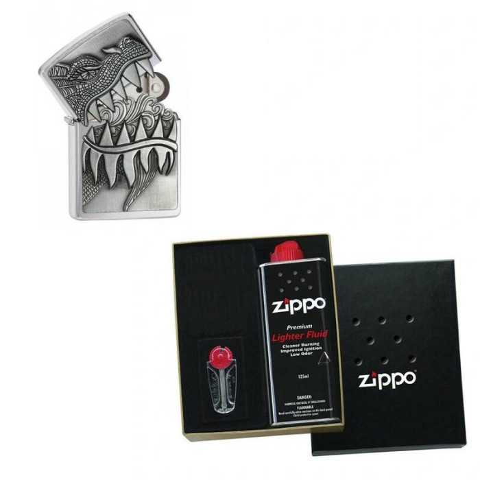 Зажигалка ZIPPO Classic Brushed Chrome 28969 в подарочной упаковке + топливо и кремни