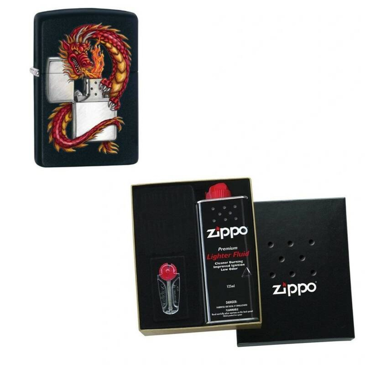 Зажигалка ZIPPO Дракон Black Matte в подарочной упаковке + топливо и кремни 1