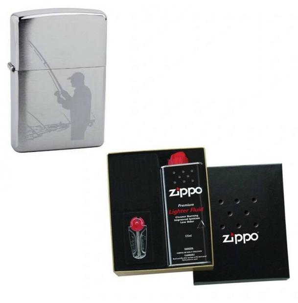 Зажигалка ZIPPO Fisherman Brushed Chrome в подарочной упаковке + топливо и кремни 200 Fisherman-n