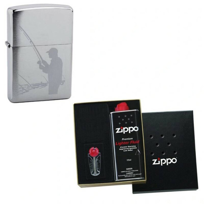 Зажигалка ZIPPO Fisherman Brushed Chrome в подарочной упаковке + топливо и кремни
