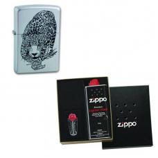 Зажигалка ZIPPO Leopard Satin Chrome в подарочной упаковке + топливо и кремни