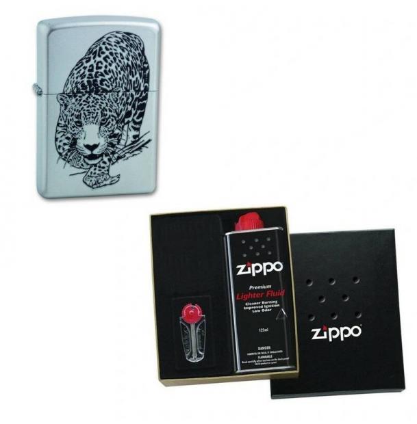 Зажигалка ZIPPO Leopard Satin Chrome в подарочной упаковке + топливо и кремни 205 LEOPARD-n