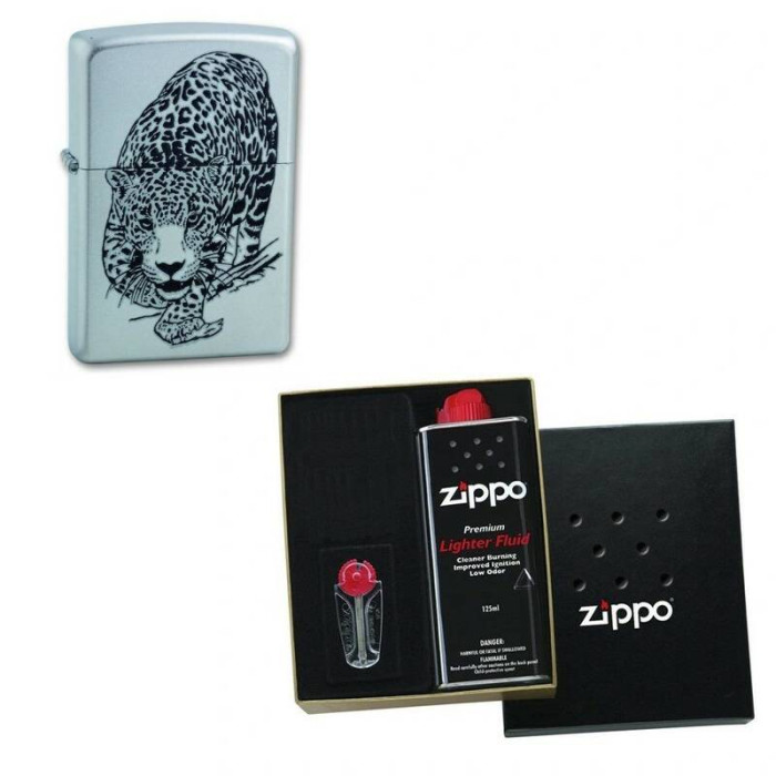 Зажигалка ZIPPO Leopard Satin Chrome в подарочной упаковке + топливо и кремни