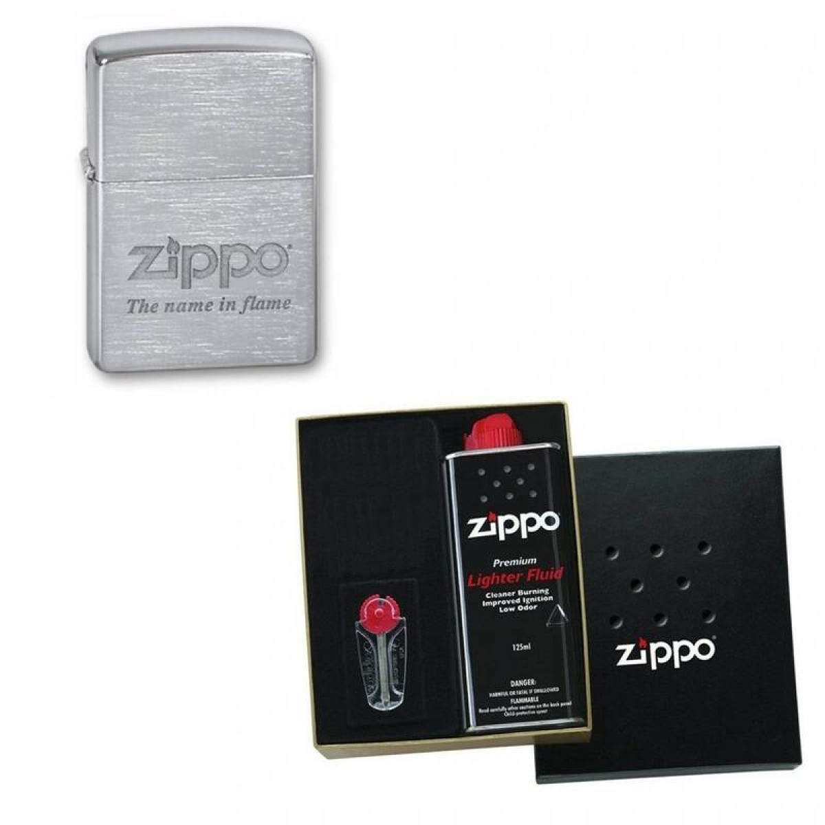 Зажигалка ZIPPO Name In Flame Brushed Chrome в подарочной упаковке + топливо и кремни 1