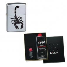 Зажигалка ZIPPO Scorpion Satin Chrome в подарочной упаковке + топливо и кремни