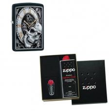 Зажигалка ZIPPO Skull Clock Black Matte в подарочной упаковке + топливо и кремни