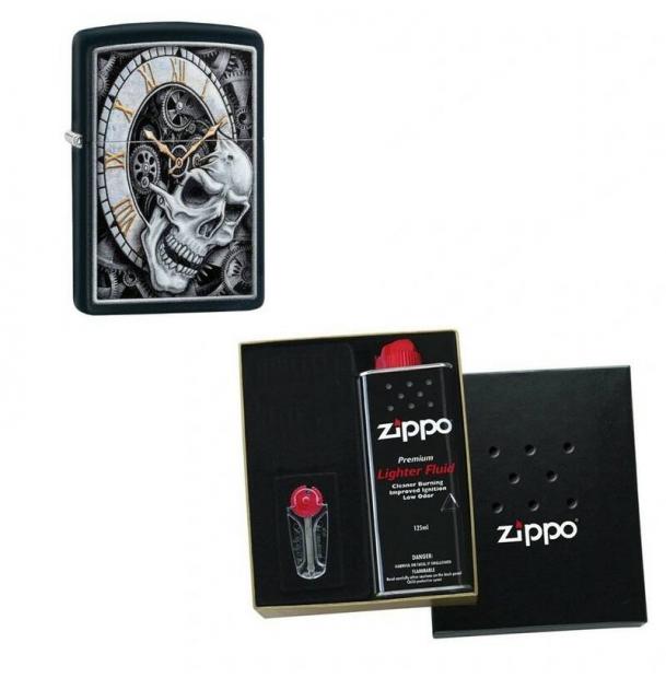 Зажигалка ZIPPO Skull Clock Black Matte в подарочной упаковке + топливо и кремни 29854-n