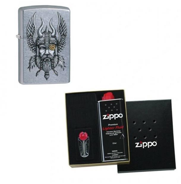 Зажигалка ZIPPO Viking Warrior Street Chrome в подарочной упаковке + топливо и кремни 29871-n