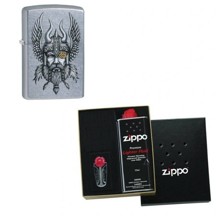 Зажигалка ZIPPO Viking Warrior Street Chrome в подарочной упаковке + топливо и кремни